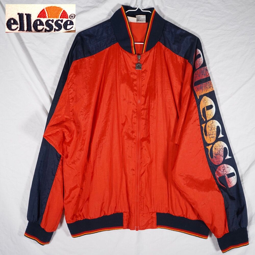 Vintage Ellesse Track Jacket Full Zip Nylon Red Blue Spellout Logo Medium